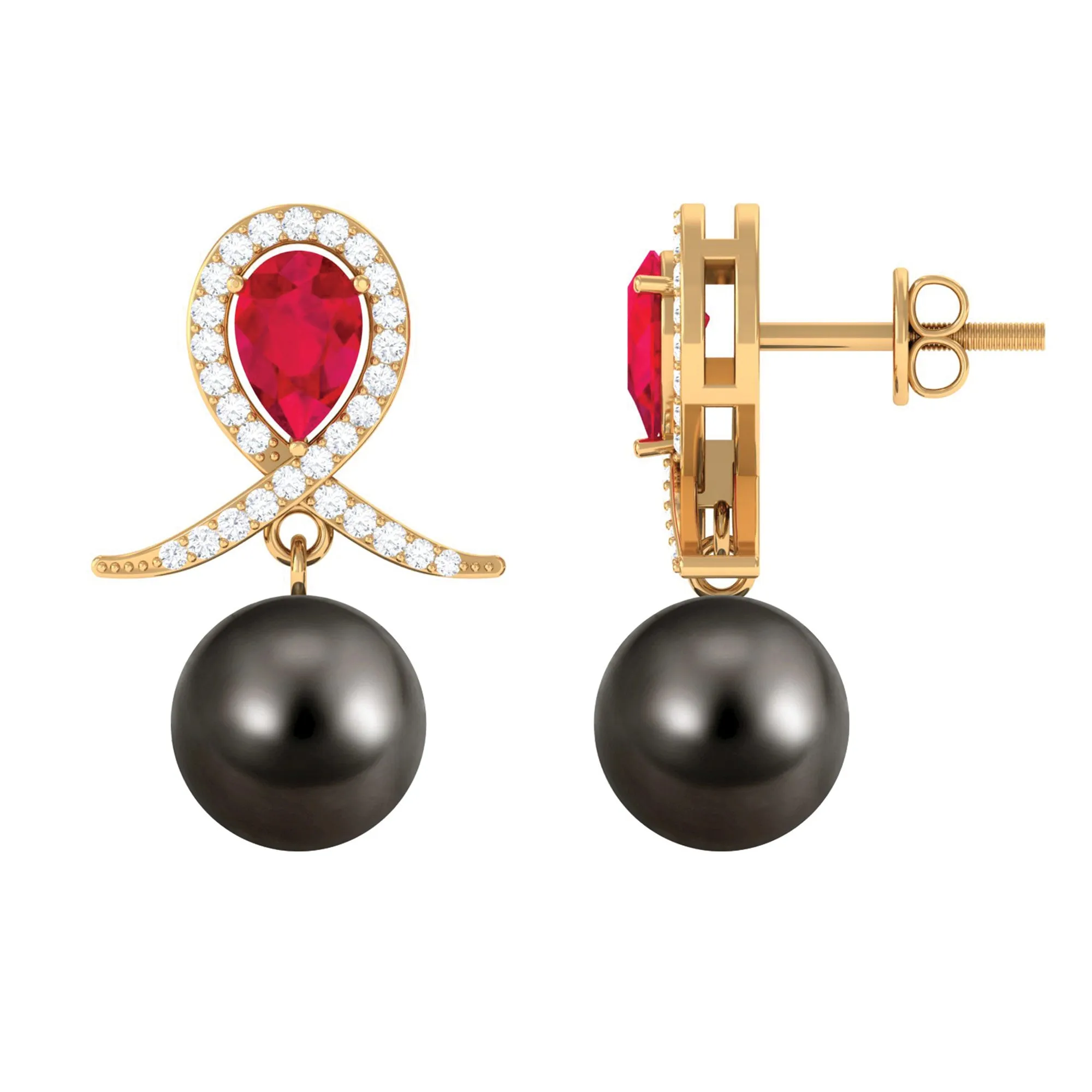 Tahitian Pearl and Created Ruby Drop Earrings with Moissanite