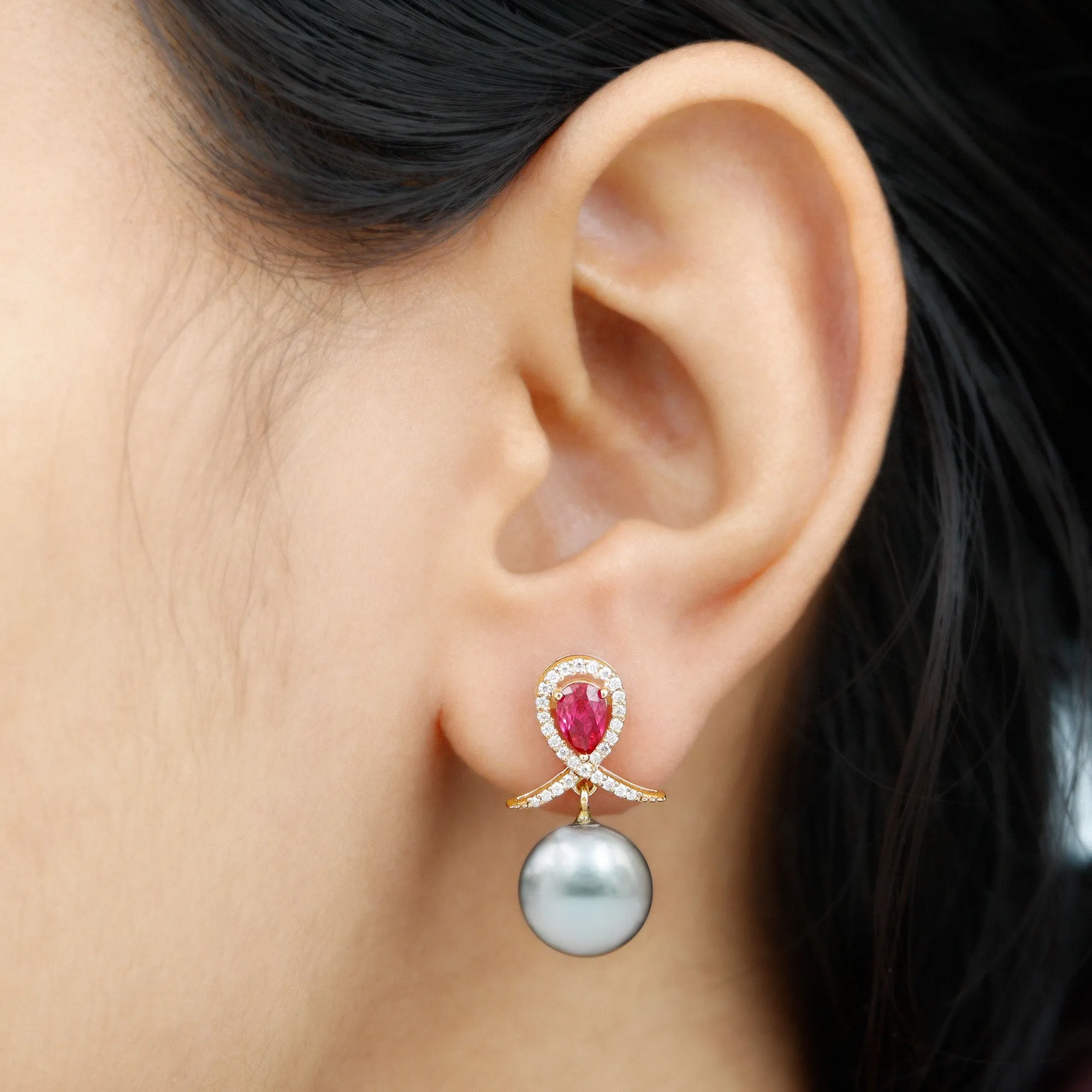 Tahitian Pearl and Created Ruby Drop Earrings with Moissanite