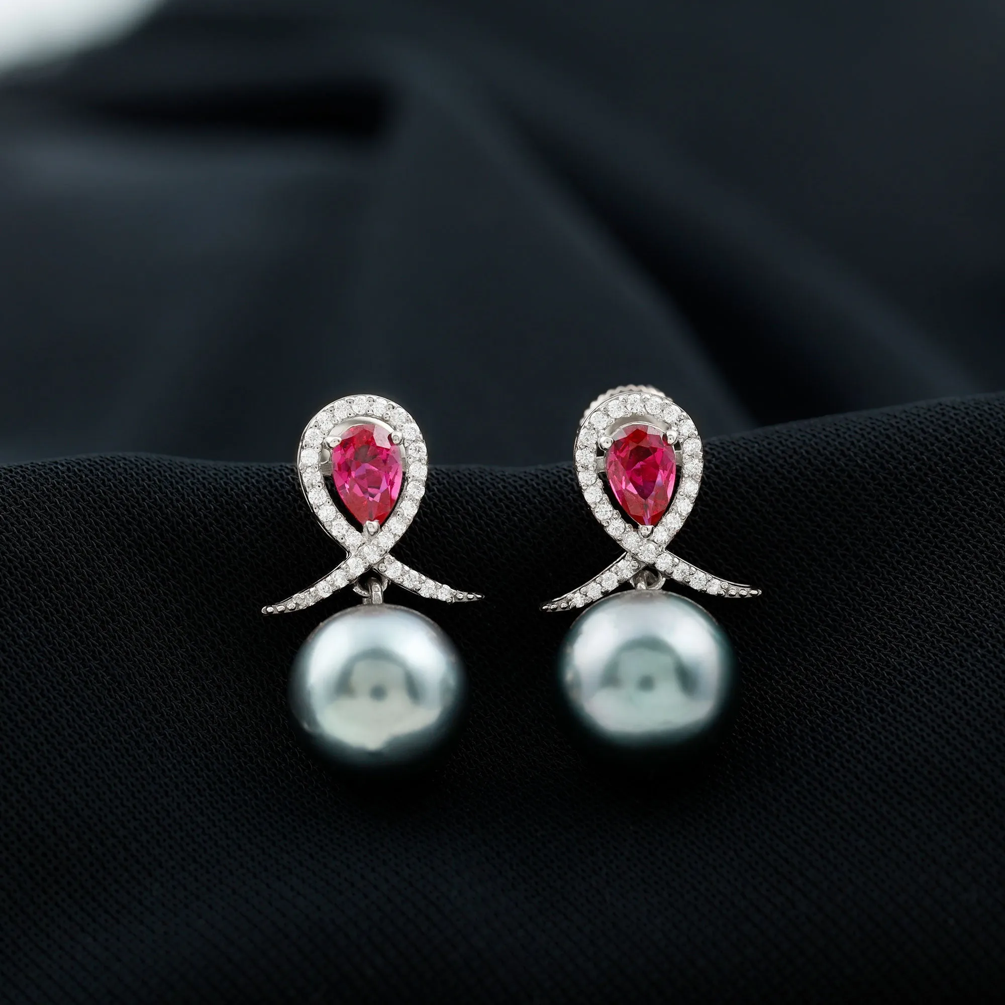 Tahitian Pearl and Created Ruby Drop Earrings with Moissanite