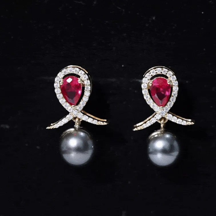 Tahitian Pearl and Created Ruby Drop Earrings with Moissanite