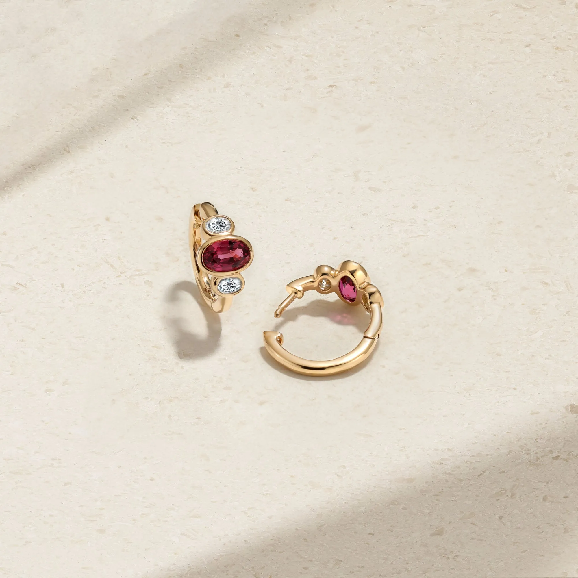 Three Stone Oval Ruby and Diamond Huggie Earrings