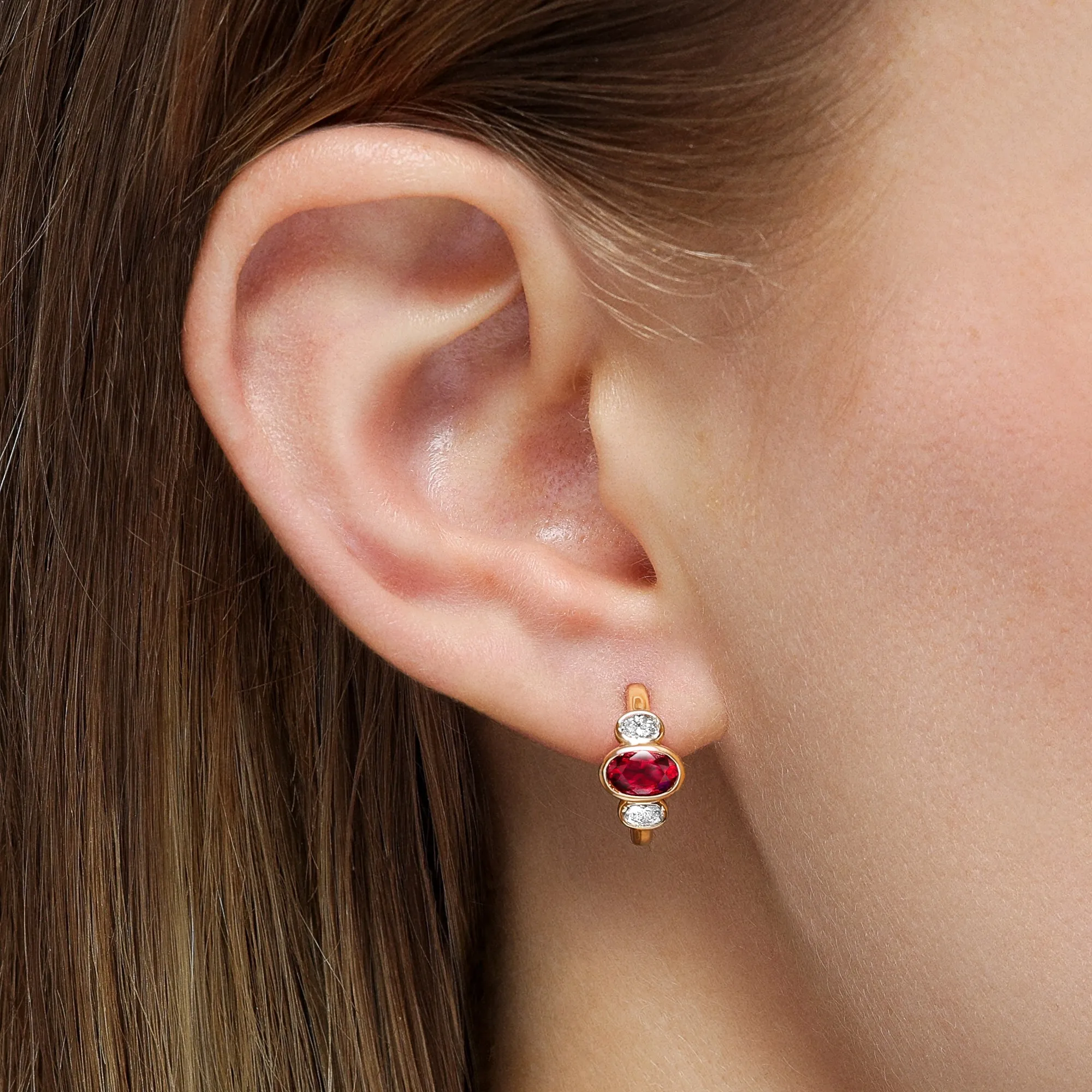 Three Stone Oval Ruby and Diamond Huggie Earrings