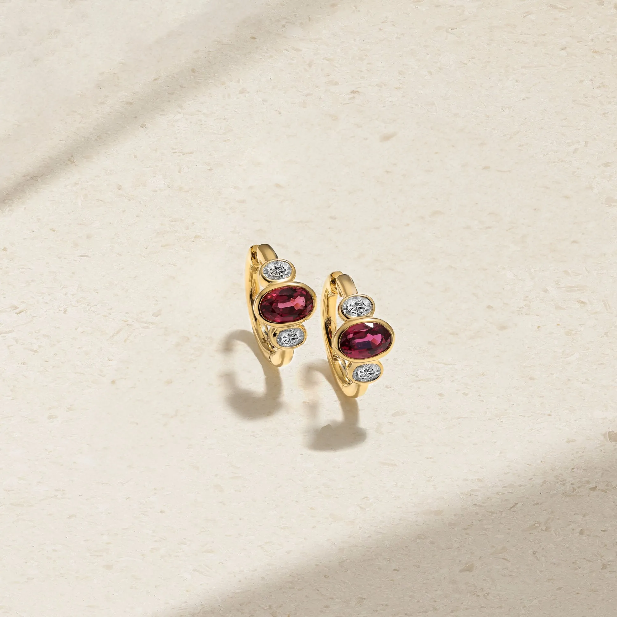 Three Stone Oval Ruby and Diamond Huggie Earrings