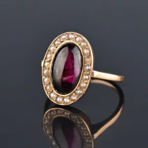 Victorian Pearl Halo Garnet Cabochon 14K Rose Gold Ring