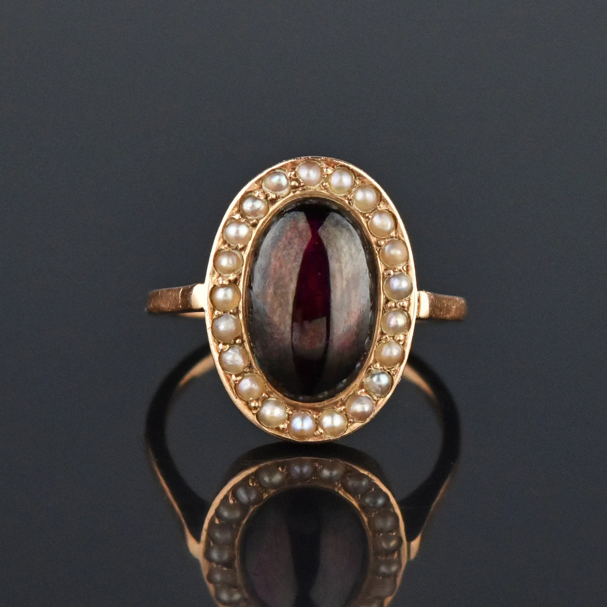 Victorian Pearl Halo Garnet Cabochon 14K Rose Gold Ring