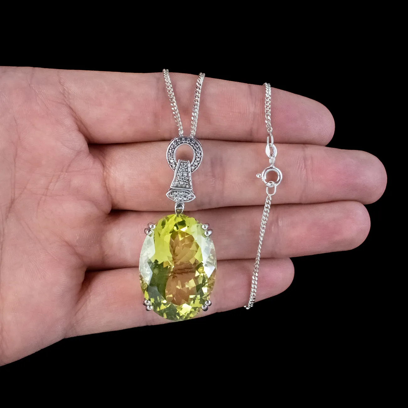 Vintage Lemon Quartz Pendant Necklace Sterling Silver 48ct Quartz