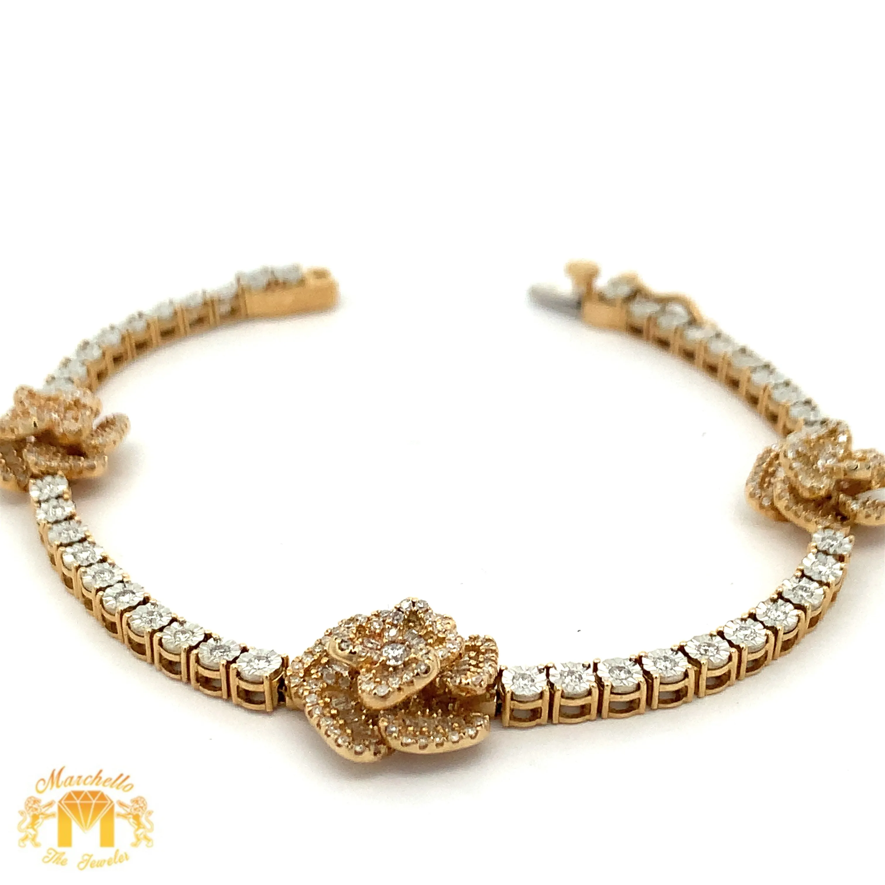 Yellow Gold and Diamond Three Flowers Tennis Bracelet with Round and Baguette diamonds