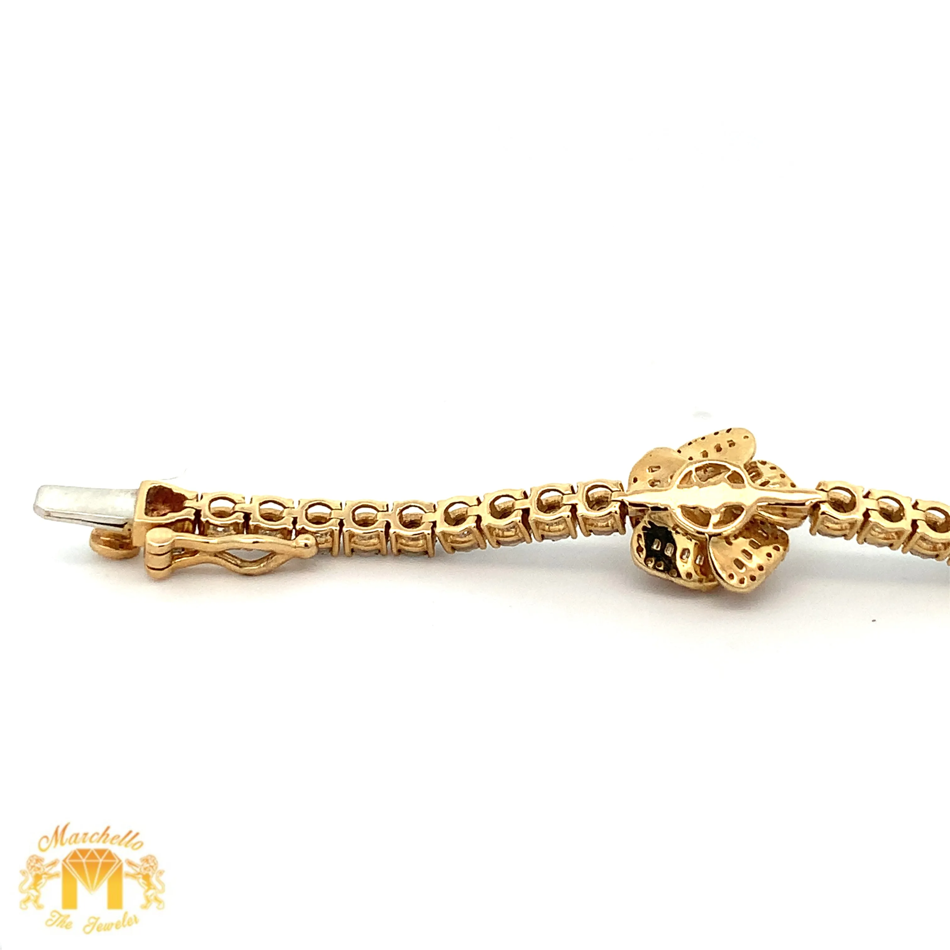 Yellow Gold and Diamond Three Flowers Tennis Bracelet with Round and Baguette diamonds