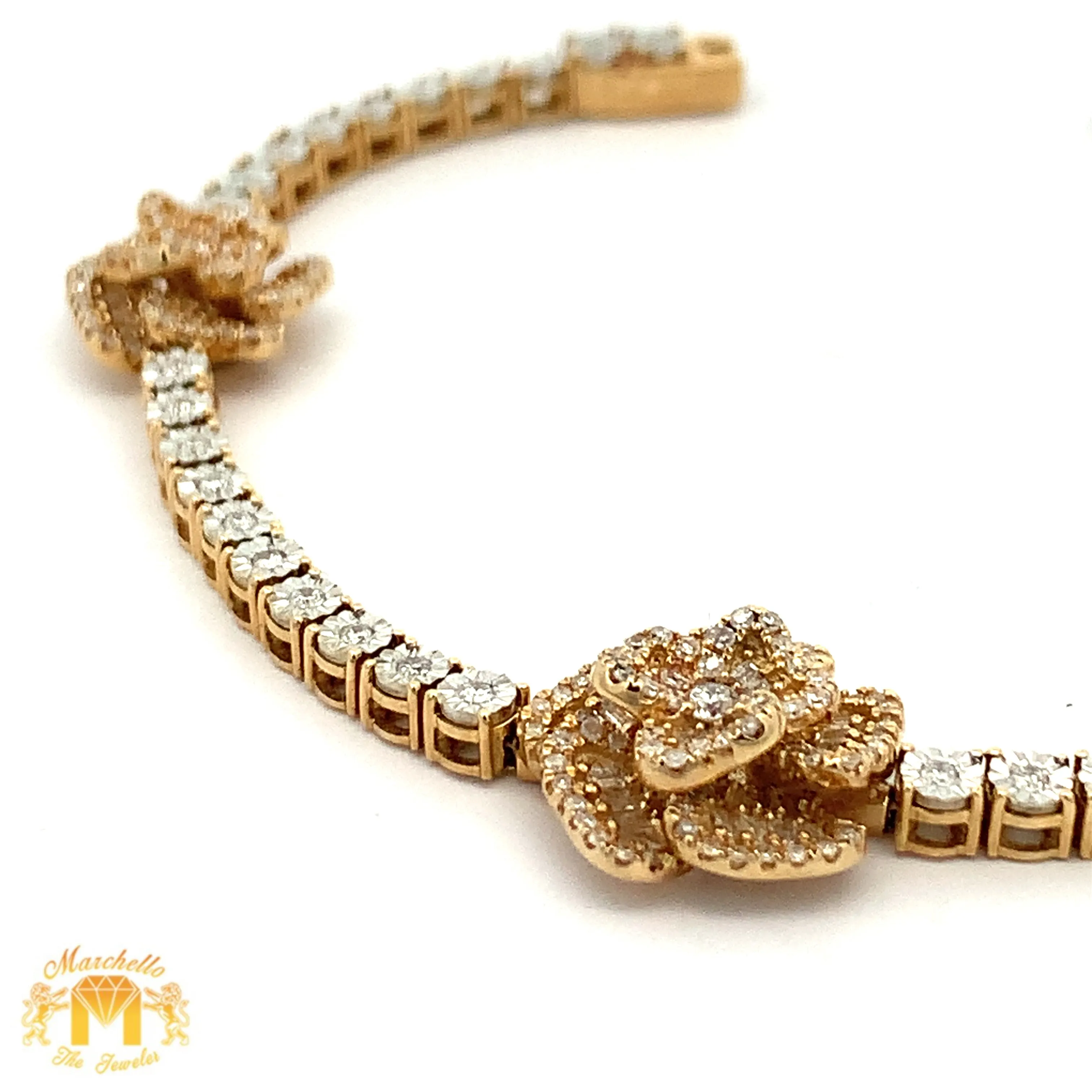 Yellow Gold and Diamond Three Flowers Tennis Bracelet with Round and Baguette diamonds